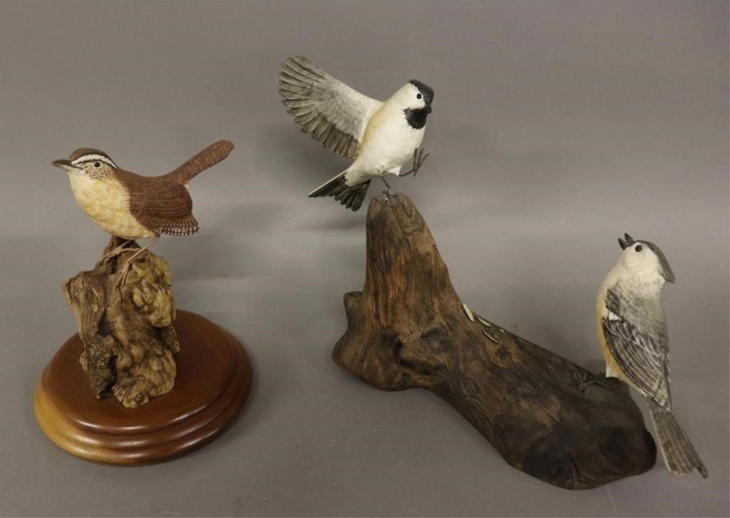 Appraisal: Wood carved tufted titmouse and chick-a-dee by Alaine Backer h