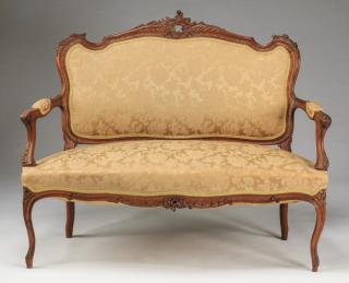 Appraisal: Louis XV style French walnut settee in damask w Louis