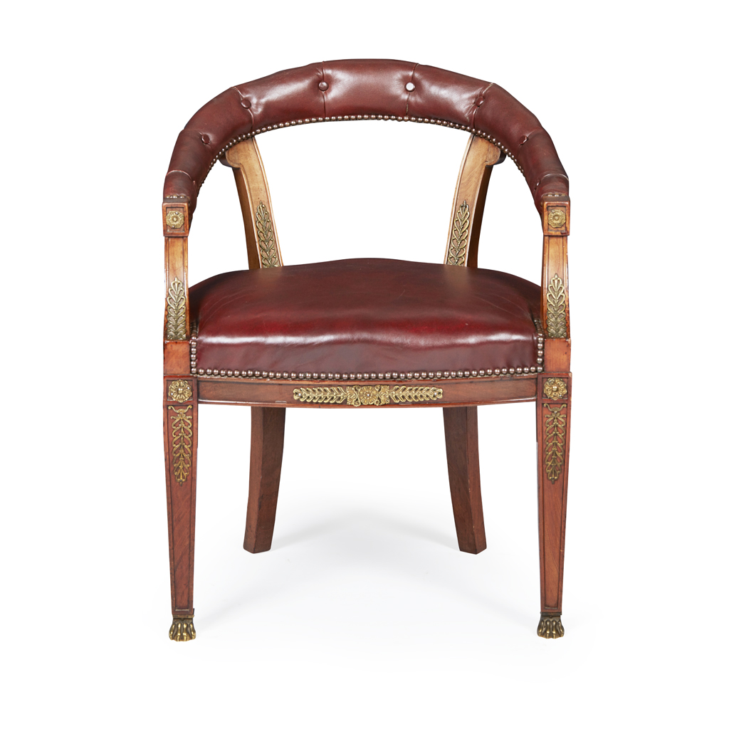 Appraisal: SECOND EMPIRE ORMOLU-MOUNTED MAHOGANY FAUTEUIL DE BUREAU MID TH CENTURY