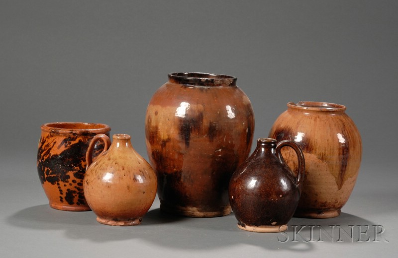 Appraisal: Five Redware Pottery Items America early th century three ovoid