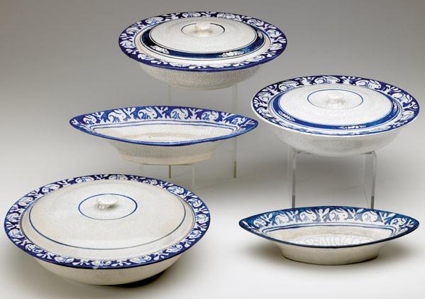 Appraisal: DEDHAM Crackleware three covered nappies and two elongated vegetable dishes