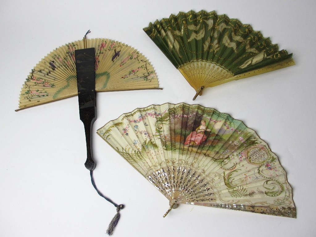 Appraisal: A painted fan decorated with a lady seated beneath an