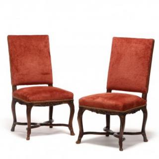 Appraisal: Pair of Continental Hall Chairs circa mahogany over-upholstery with nailhead