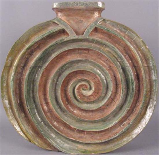 Appraisal: Wood Sculpture with spiral design and green and ochre paint