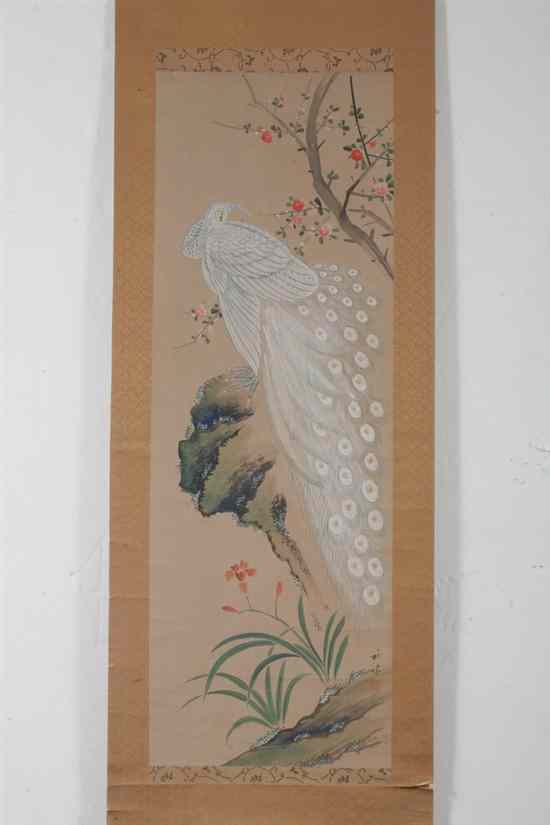 Appraisal: JAPANESE SCHOOL PEACOCK and ORCHIDS two ink and color on