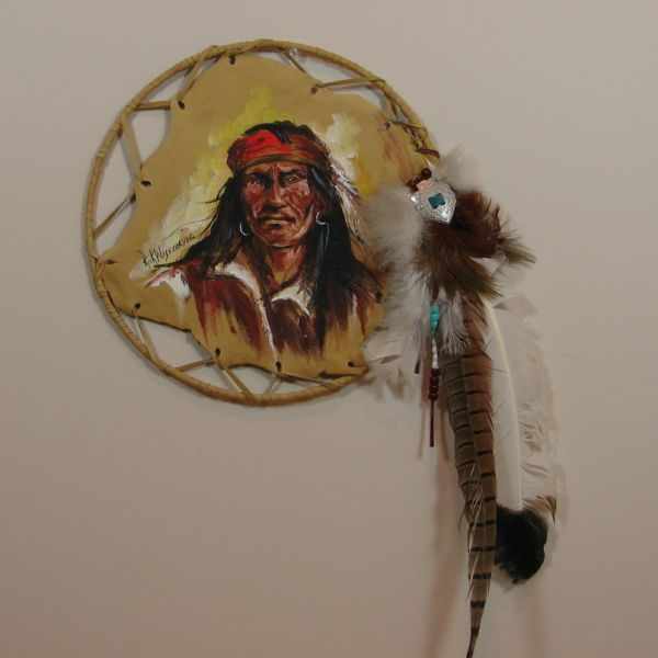 Appraisal: Rick Wisecarver Native American Portrait on Leather Shield '' x