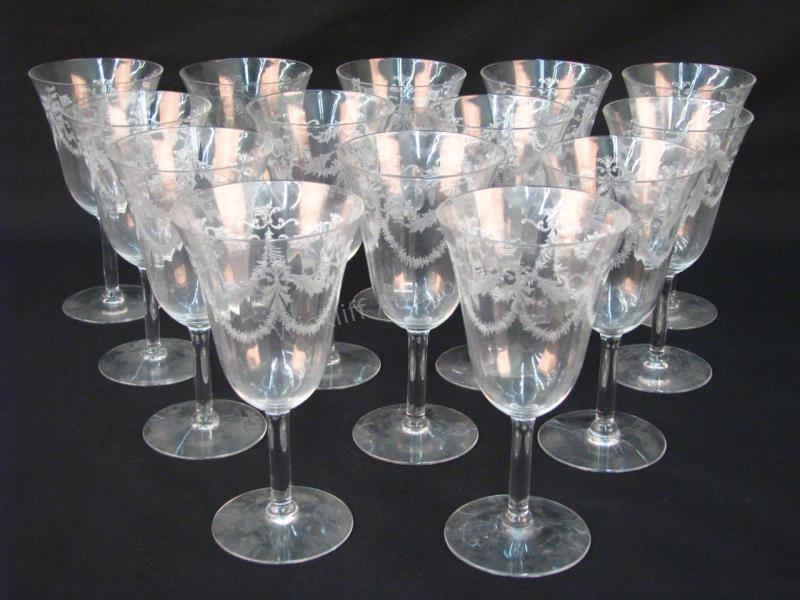 Appraisal: Set of antique etched stemware goblets with etched garland design