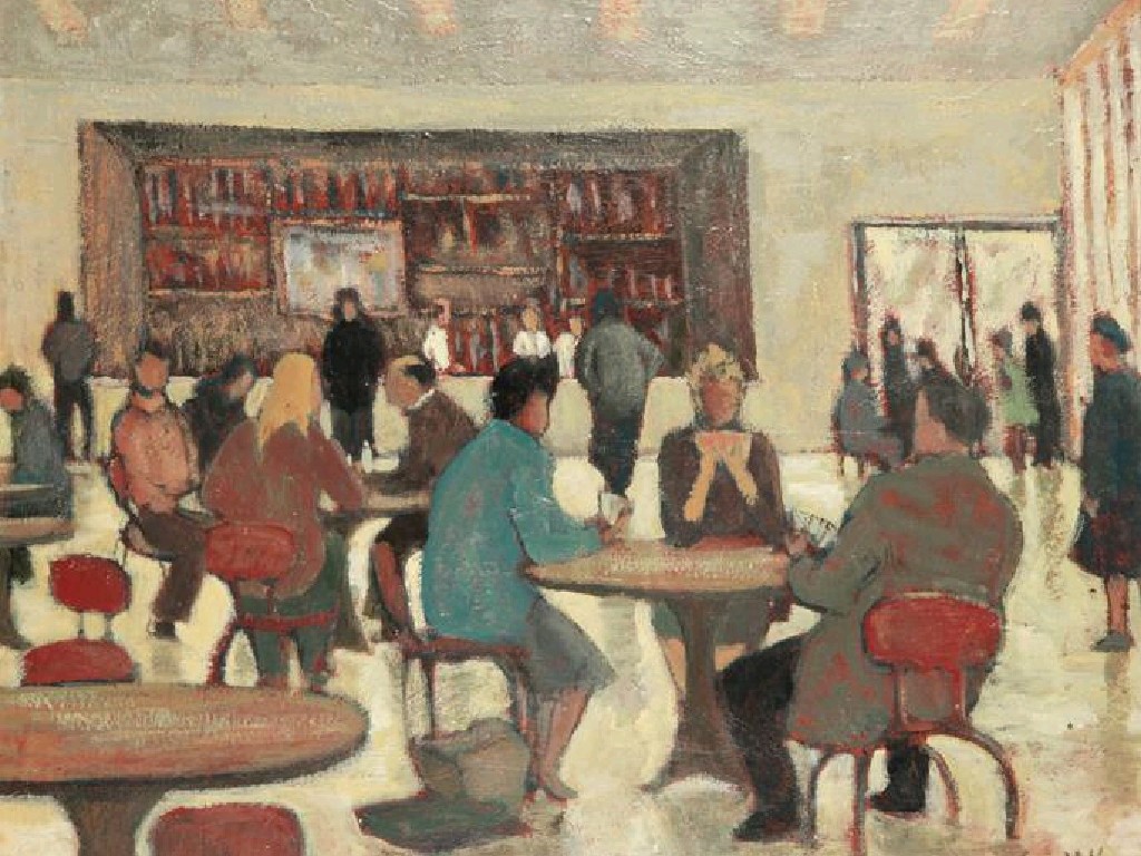 Appraisal: MYRTLE KATZ The interior of a cafe with figures playing