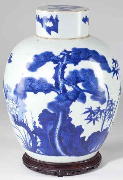 Appraisal: Chinese Porcelain Blue and White Lidded Jarpossibly Ming Dynasty ovoid