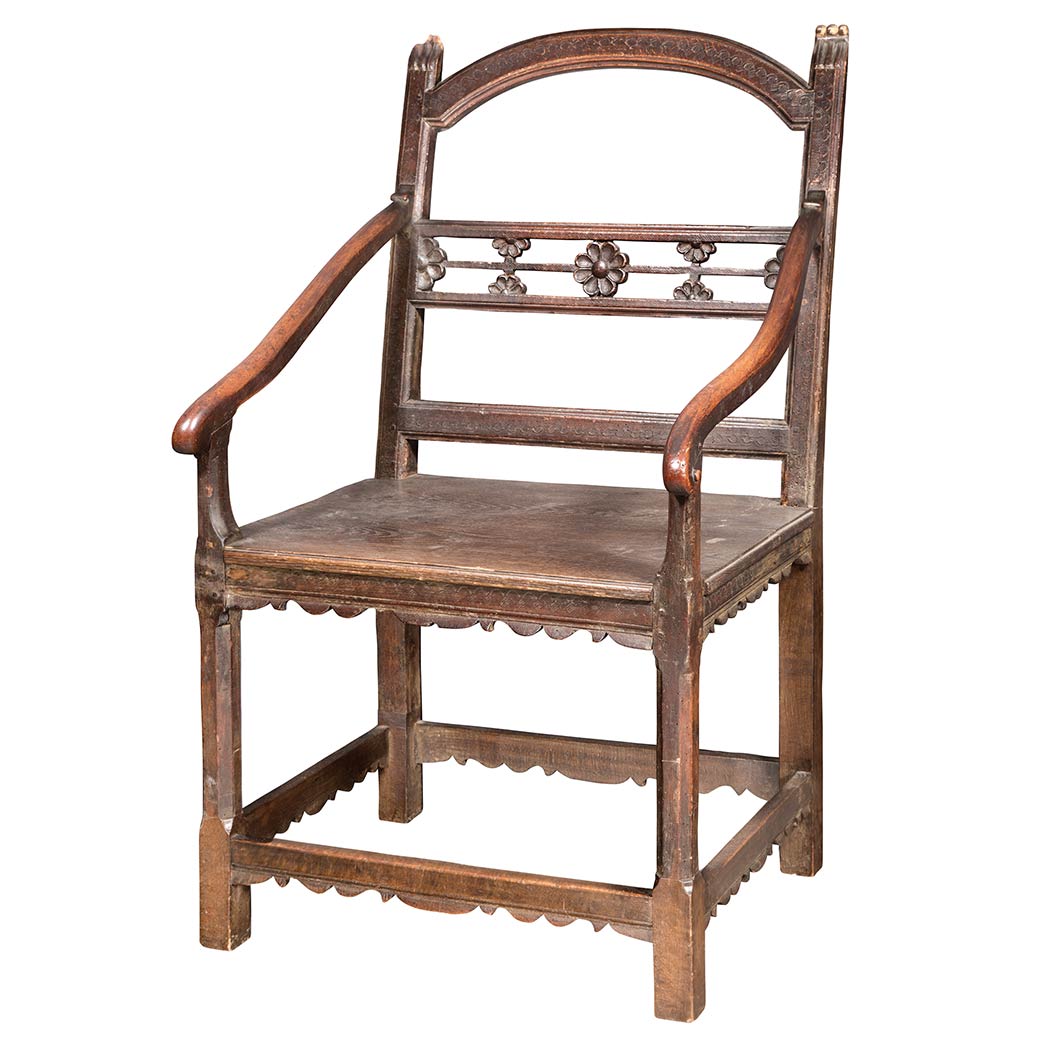 Appraisal: Renaissance Style Oak Armchair Partially composed of older elements The