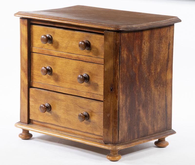 Appraisal: MINIATURE LOCKSIDE CHEST Miniature Three-Drawer Mahogany Chest molded edge top