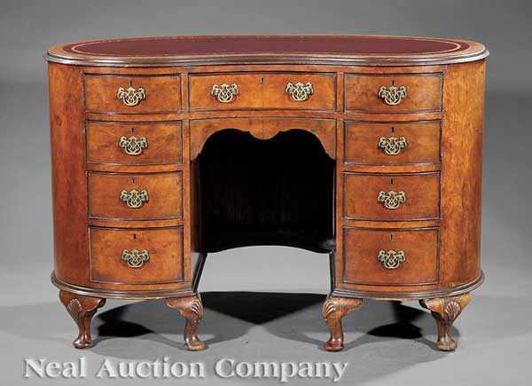 Appraisal: An Edwardian Burled Walnut Kidney-Shaped Desk c stamped Hobbs London