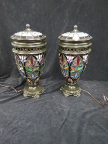 Appraisal: Pair of Leaded Glass Lamps jeweled florals bronzed tall contemporary