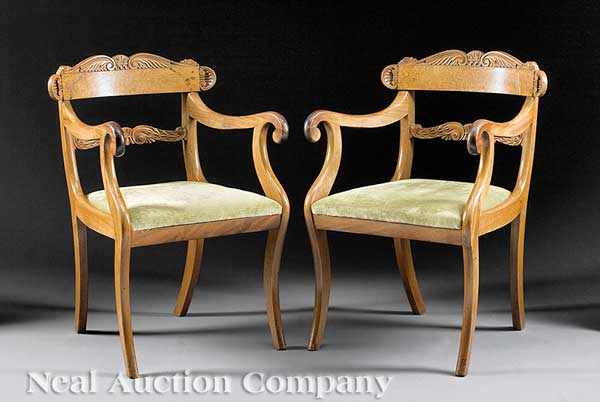 Appraisal: A Pair of Neoclassical Carved Mahogany and Burlwood Fauteuils th