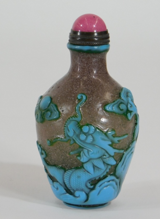 Appraisal: CHINESE SNOWFLAKE PEKING GLASS DRAGON SNUFF BOTTLE China th CenturyTurquoise