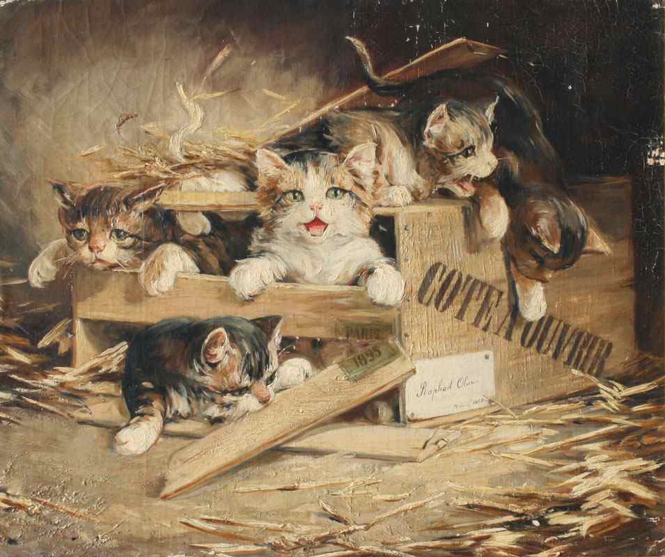 Appraisal: OLARIA Frederico Italian - Kittens Playing in a Box OIL