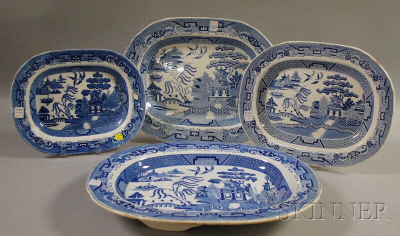 Appraisal: Four Transfer-decorated Blue Willow Pattern Ceramic Platters various makers including