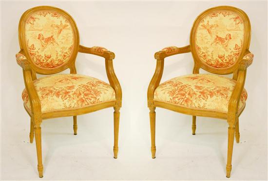 Appraisal: Pair of French style open armchairs dog and pheasant patterned