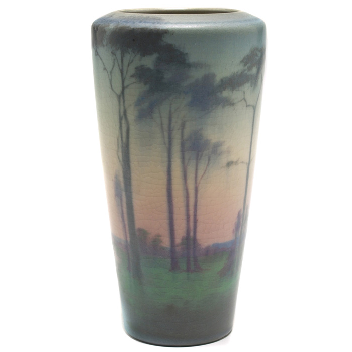 Appraisal: Rookwood vase Vellum glaze with a finely painted landscape scene