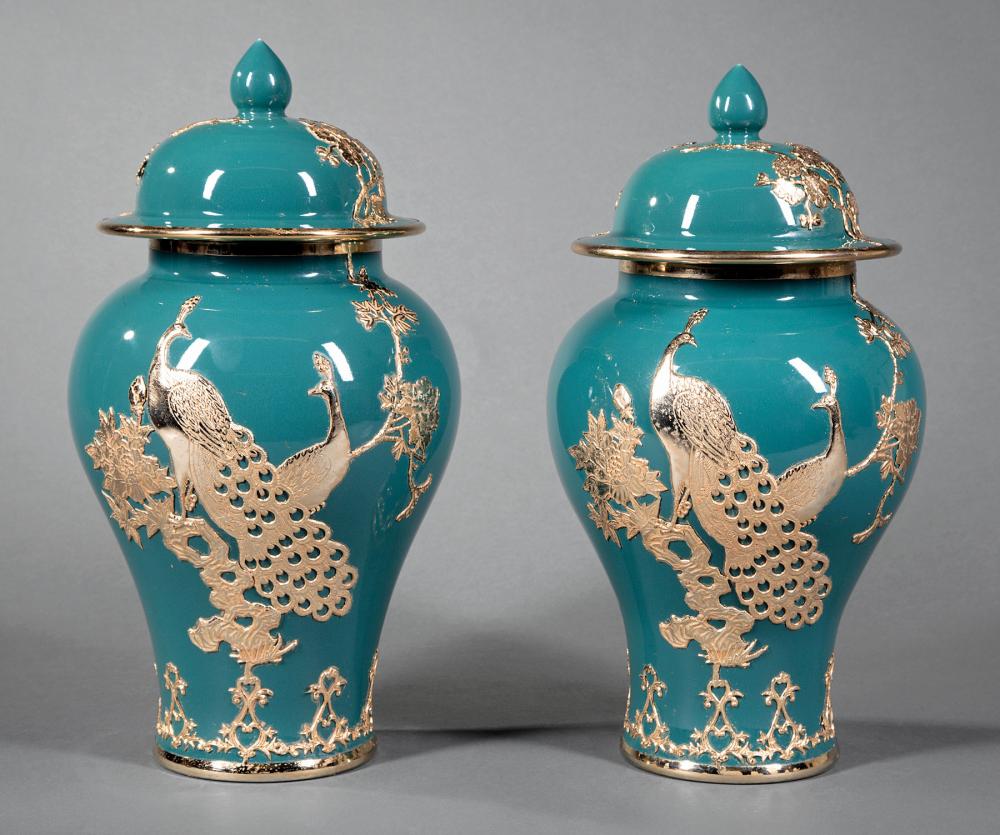 Appraisal: Highly Decorative Pair of Chinese Gilt Metal-Mounted Greenish Blue Glazed