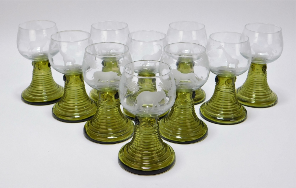 Appraisal: PC MOSER ROWLAND WARD SAFARI WINE GLASSES Bohemia Early th