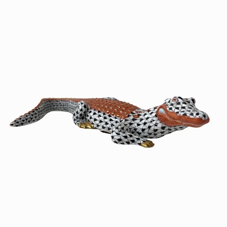 Appraisal: Herend Porcelain Black Fishnet Alligator Figurine Herend Porcelain Black Fishnet