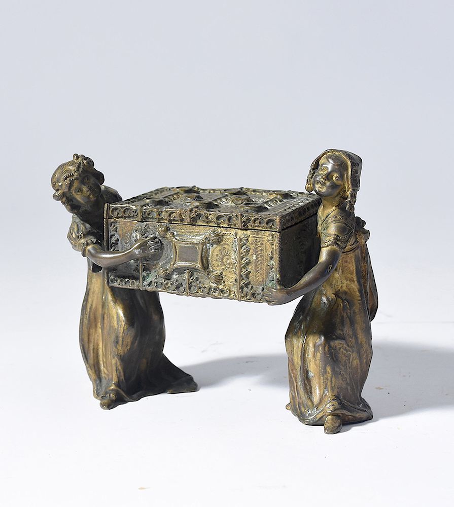 Appraisal: Vienna bronze jewel box supported by two female figures Carl