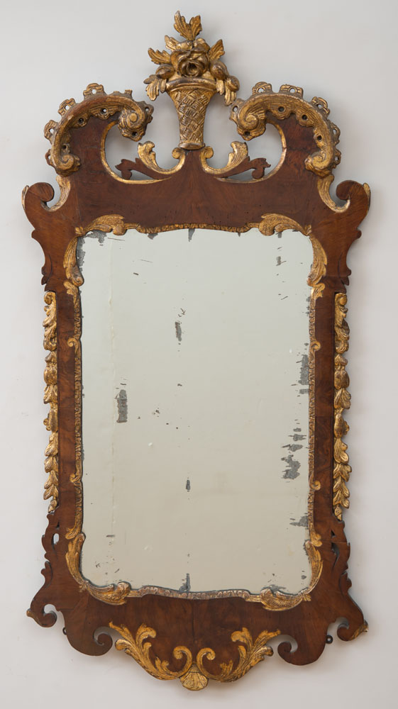 Appraisal: GEORGE II MAHOGANY PARCEL-GILT MIRROR x in Ambassador and Mrs