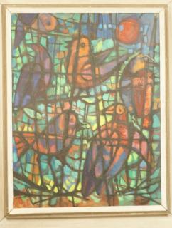 Appraisal: Modernist Colorful Oil Painting Birds Stained gl Modernist Colorful Oil