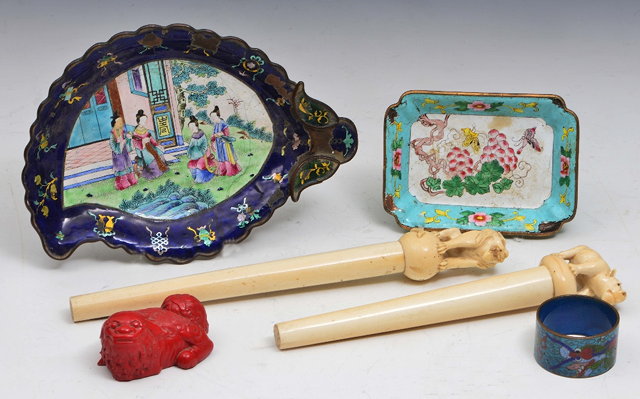 Appraisal: A GROUP to include two Chinese enamelled dishes a cloisonne