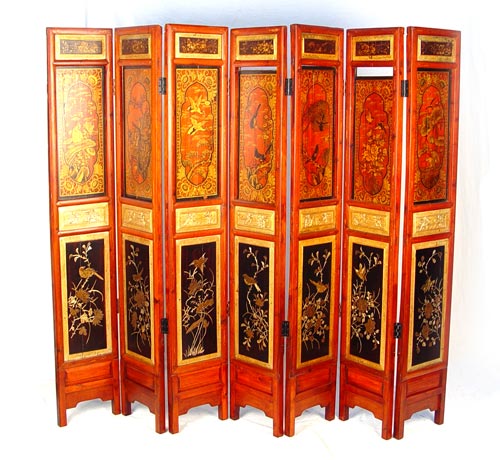 Appraisal: CHINESE PANEL SCREEN Iron red painted finish with gilt enhancement