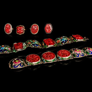 Appraisal: Six Chinese Red Lacquer Inset Metal Jewelry comprising two red