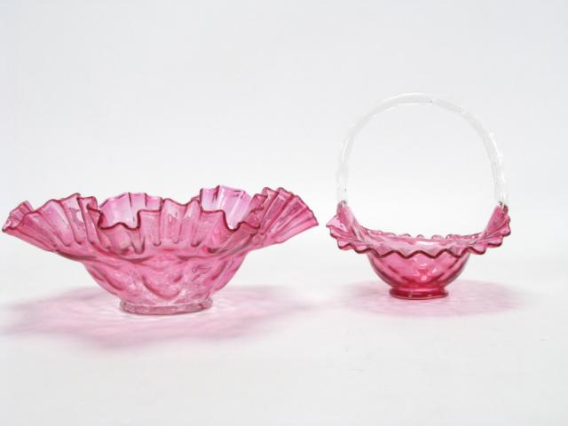 Appraisal: Two Cranberry Glass Items both contemporary including handled basket and