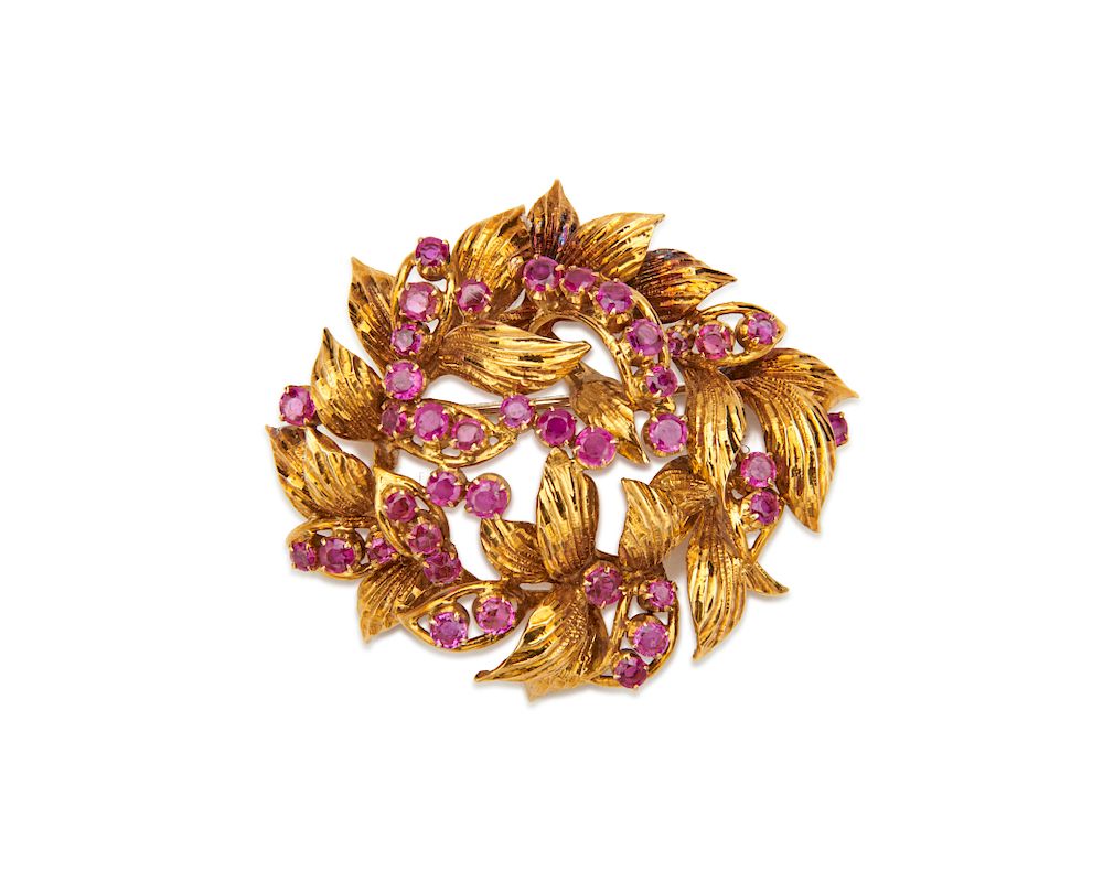 Appraisal: TIFFANY CO K Gold and Ruby Brooch TIFFANY CO K