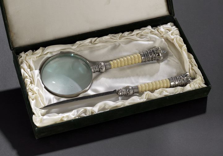 Appraisal: Cased Pair of English Silverplate and Faux-Ivory Desk Utensils mid-