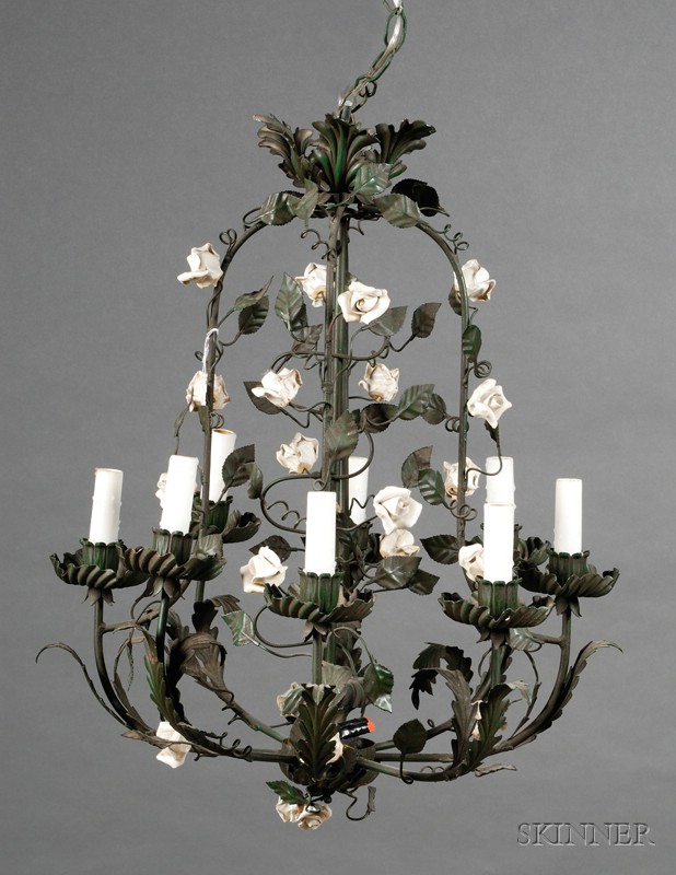 Appraisal: Victorian Painted Metal and Ceramic Mounted Eight-light Chandelier late th