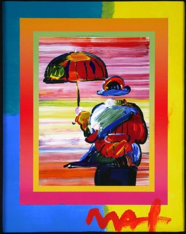 Appraisal: PETER MAX UMBRELLA MAN MIXED MEDIAMixed media with hand painting