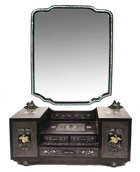 Appraisal: A Korean mother-of-pearl inlaid black lacquered dressing table with mirror