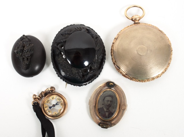 Appraisal: Assortment of Victorian mourning jewelry including gutta percha brooch and