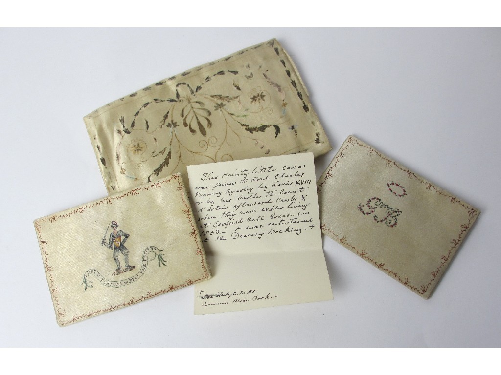 Appraisal: A silk painted wallet containing two inscribed cards in French