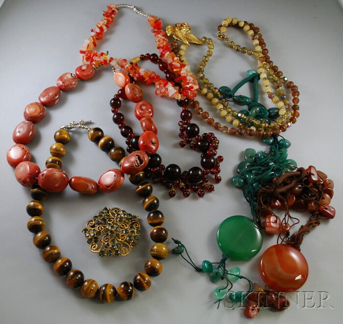 Appraisal: Group of Hardstone Necklaces and Costume Jewelry including tiger's-eye and