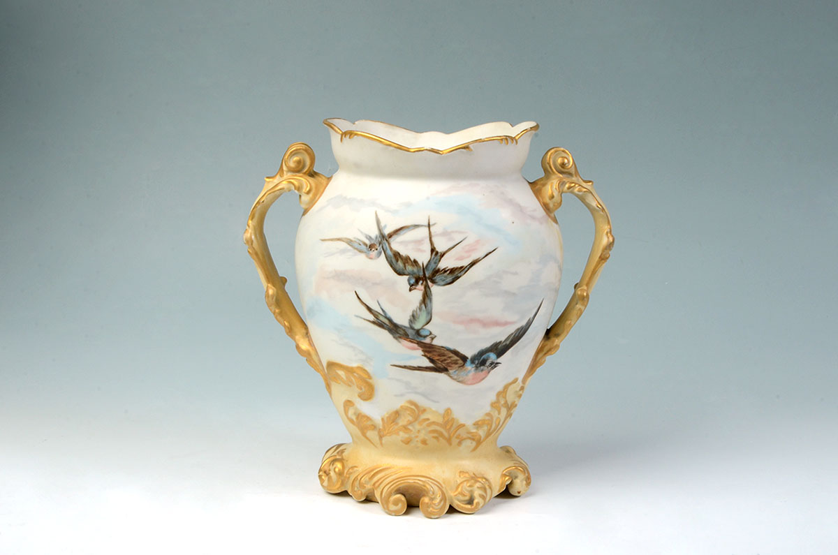 Appraisal: JEAN POUYAT LIMOGES HAND PAINTED SWALLOW VASE Matte cream ground