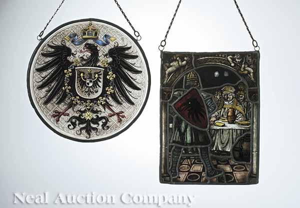 Appraisal: Two Scottish Leaded Etched Painted and Stained Glass Panels c