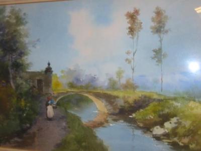 Appraisal: CONTINENTAL SCHOOL Figure on a River Path indistinctly signed x