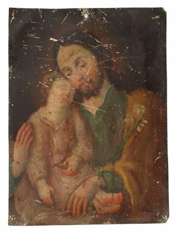 Appraisal: Unframed oil on tin retablo Mexico San Jose Saint Joseph