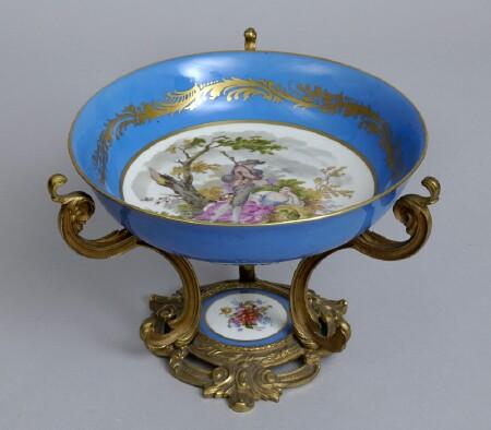 Appraisal: S VRE-TYPE BLUE-GROUND BOWL ON ORMOLU STAND With stand in