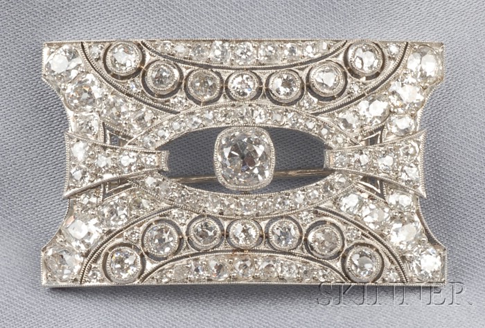 Appraisal: Art Deco Platinum and Diamond Plaque Brooch centering an old