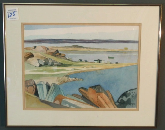 Appraisal: Watercolor painting of a seascape titled Boathouses Rankin Inlet signed