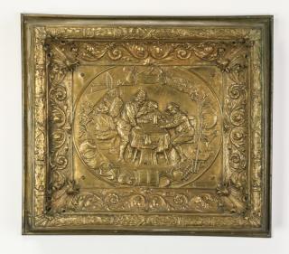 Appraisal: Belgian brass basrelief of tavern scene h Belgian brass bas-relief