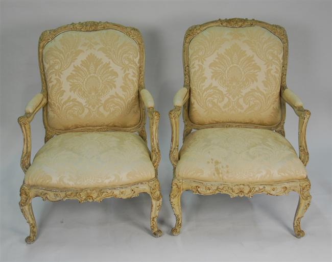 Appraisal: PAIR OF LOUIS XV STYLE CARVED AND PAINTED FAUTEUIL Condition